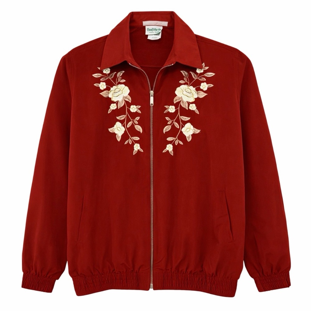 Vintage 90s BonWorth Red Bomber Jacket with Floral Embroidery